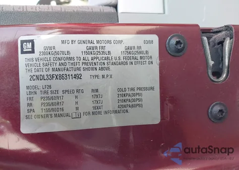 2008 Chevrolet Equinox Lt из США, поврежденный, VIN 2CNDL33FX86311492